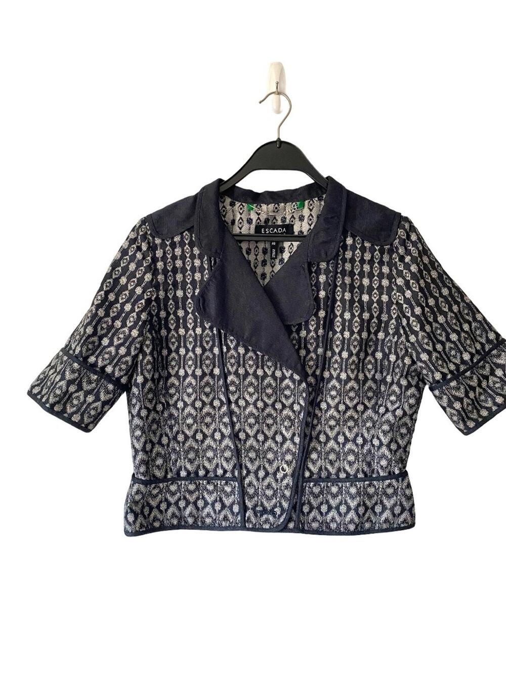 Escada Sport Navy Patterned Textured Short-Sleeve Jacket Top size 40 US 10